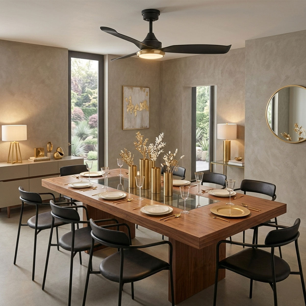 52in Freya Outdoor Damp Rated Ceiling Fan Matte Black with Brass Accents