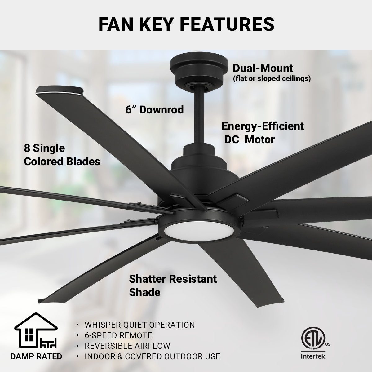 72in Torrent Outdoor Damp Rated Ceiling Fan Matte Black