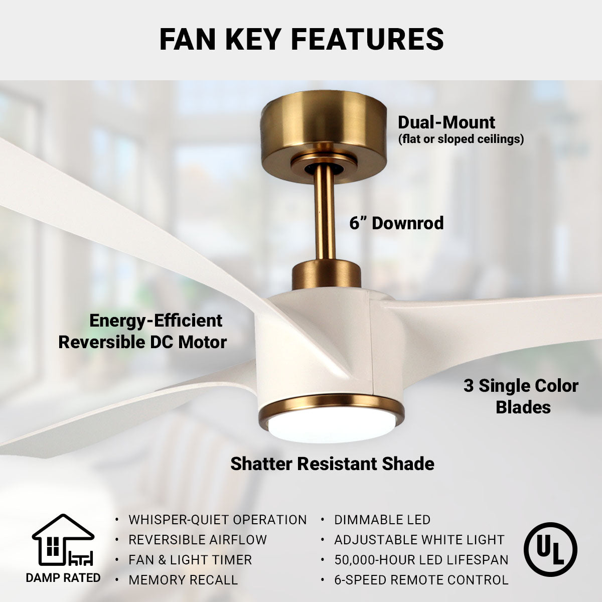 60in Edgewater Ceiling Fan with Light, DC Motor, Remote and LED