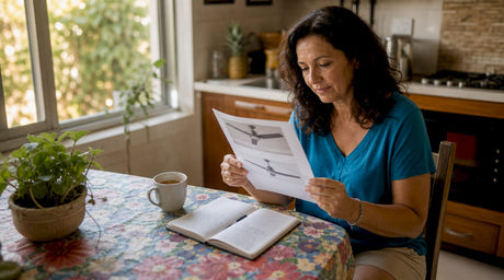 Homeowner reviewing energy efficient fan specs at kitchen table