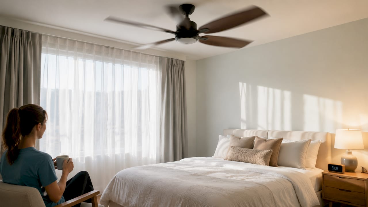 Ceiling fan mounted above bedroom bed