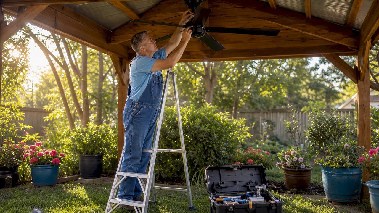 Man installing outdoor porch ceiling fan