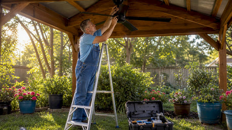 Man installing outdoor porch ceiling fan