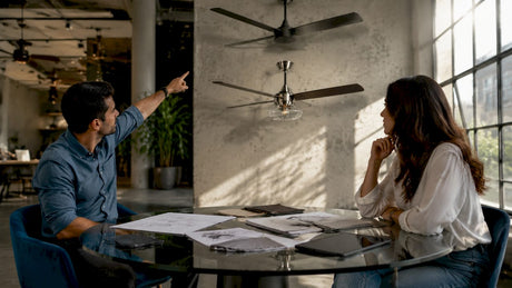 Consultant and client discussing modern vs contemporary fans