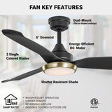 52in Freya Outdoor Damp Rated Ceiling Fan Matte Black with Brass Accents